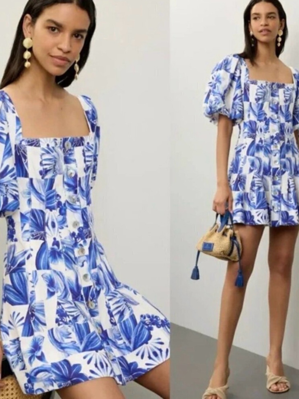 Caroline Constas Blue and White Floral Puff-Sleeve Mini Dress